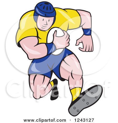Clipart of a Cartoon Male Rugby Player Running with a Ball - Royalty Free Vector Illustration by patrimonio