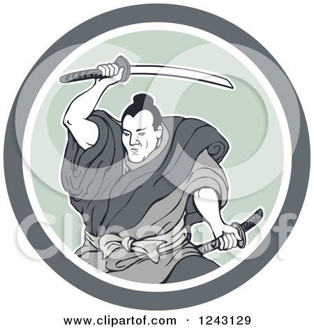 Clipart of a Retro Samurai Warror Swinging a Katana Sword in a Circle - Royalty Free Vector Illustration by patrimonio