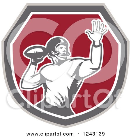 Clipart of a Retro Male American Football Player Throwing in a Shield - Royalty Free Vector Illustration by patrimonio