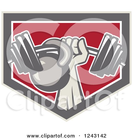 Clipart of a Retro Weightlifter Hand with a Barbell and Kettlebell in a Shield - Royalty Free Vector Illustration by patrimonio