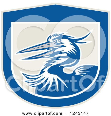 Clipart of a Retro Blue Crane Bird in a Shield - Royalty Free Vector Illustration by patrimonio