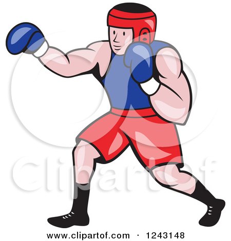 Clipart of a Cartoon Caucasian Male Boxer Punching - Royalty Free Vector Illustration by patrimonio