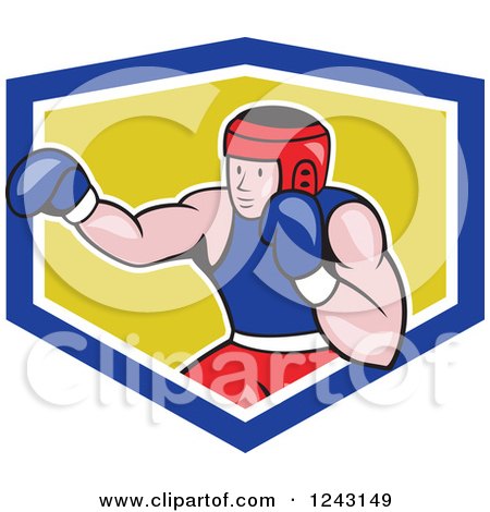 Clipart of a Cartoon Caucasian Male Boxer Punching in a Shield - Royalty Free Vector Illustration by patrimonio