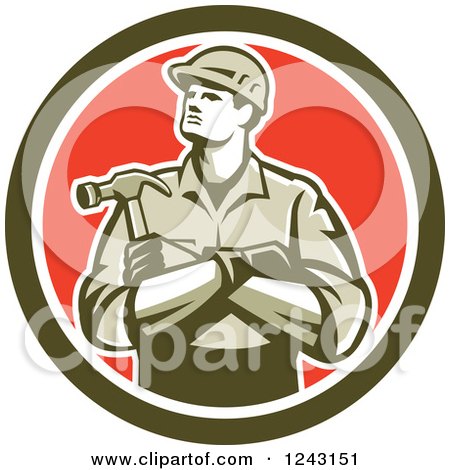 Clipart of a Retro Male Carpenter With Folded Arms and a Hammer in a circle - Royalty Free Vector Illustration by patrimonio