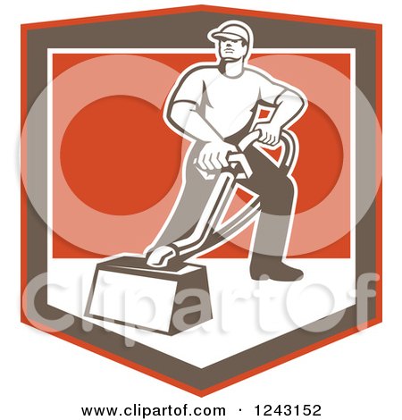 Clipart of a Retro Male Carpet Cleaner Working in a Shield - Royalty Free Vector Illustration by patrimonio