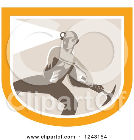 Clipart of a Retro Shirtless Coal Miner Swinging a Pickaxe and Wearing a Light on a Hardhat in a Shield - Royalty Free Vector Illustration by patrimonio