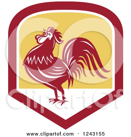 Clipart of a Retro Red Crowing Rooster in a Shield - Royalty Free Vector Illustration by patrimonio