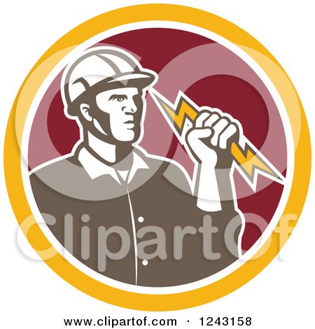 Clipart of a Retro Male Electrician Holding a Bolt in a Red and Yellow Circle - Royalty Free Vector Illustration by patrimonio
