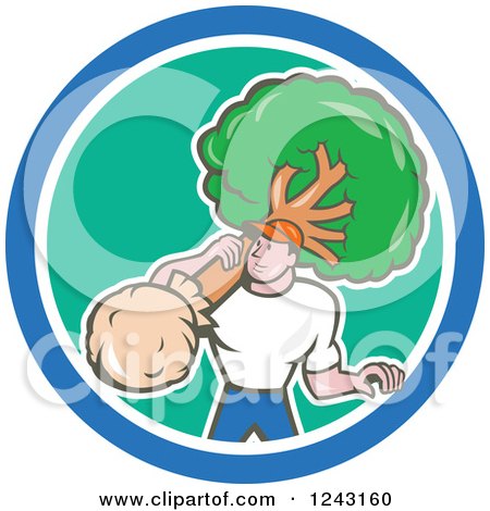 Clipart of a Cartoon Male Gardener or Landscaper Carrying a Tree in a Circle - Royalty Free Vector Illustration by patrimonio