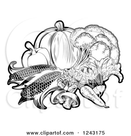 Clipart of Black and White Fresh Vegetables - Royalty Free Vector Illustration by AtStockIllustration