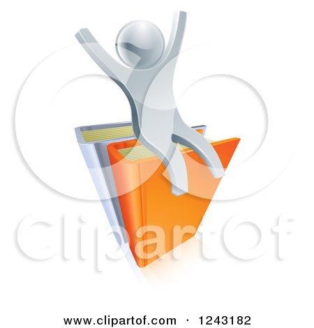 Clipart of a 3d Silver Person Sitting and Cheering on Books - Royalty Free Vector Illustration by AtStockIllustration