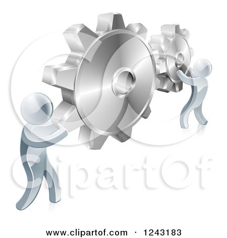 Clipart of 3d Silver Men Connecting Two Giant Gear Cogs - Royalty Free Vector Illustration by AtStockIllustration
