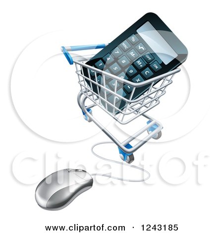 Clipart of a 3d Computer Mouse Wired to a Shopping Cart with a Calculator - Royalty Free Vector Illustration by AtStockIllustration