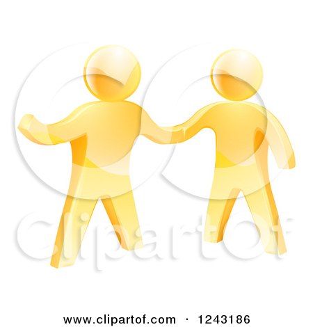 Clipart of 3d Gold Men Shaking Hands and One Gesturing - Royalty Free Vector Illustration by AtStockIllustration