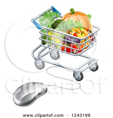 Clipart of a 3d Online Grocery Shopping Icon of a Computer Mouse and Cart of Produce - Royalty Free Vector Illustration by AtStockIllustration