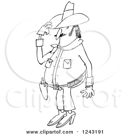 Clipart of a Black and White Chubby Cowboy Tipping His Hat - Royalty Free Vector Illustration by djart