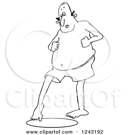 Clipart of a Black and White Chubby Man in Swim Trunks, Dipping His Toe in Water - Royalty Free Vector Illustration by djart