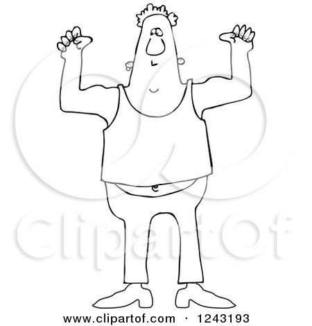 Clipart of a Black and White Chubby Man Flexing His Muscles - Royalty Free Vector Illustration by djart