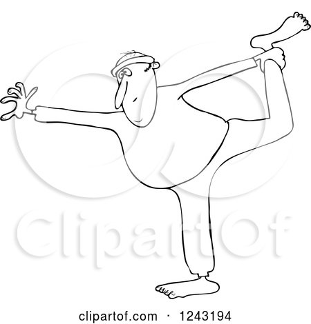 Clipart of a Black and White Chubby Man Stretching or Doing Yoga - Royalty Free Vector Illustration by djart