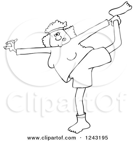 Clipart of a Black and White Chubby Woman Stretching or Doing Yoga - Royalty Free Vector Illustration by djart
