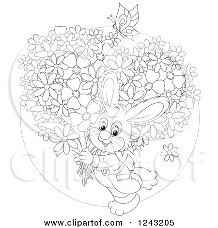Clipart of a Black and White Happy Bunny Rabit Carrying Flowers - Royalty Free Vector Illustration by Alex Bannykh