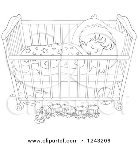 Clipart of a Black and White Toddler Boy Sleeping in a Crib - Royalty Free Vector Illustration by Alex Bannykh