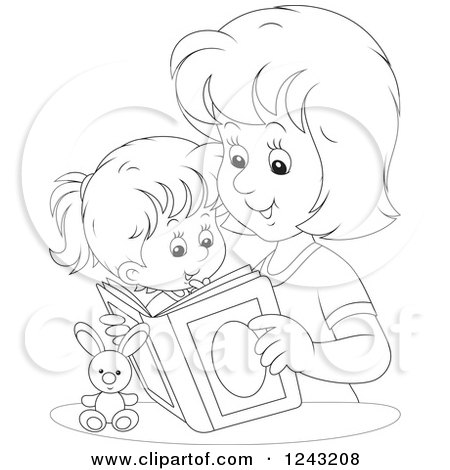 Clipart of a Black and White Mother Reading a Story Book to Her Daughter - Royalty Free Vector Illustration by Alex Bannykh