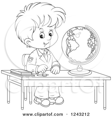 Clipart of a Black and White School Boy with a Globe at a Desk - Royalty Free Vector Illustration by Alex Bannykh