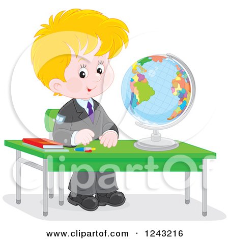 Clipart of a Blond Caucasian School Boy with a Globe at a Desk - Royalty Free Vector Illustration by Alex Bannykh