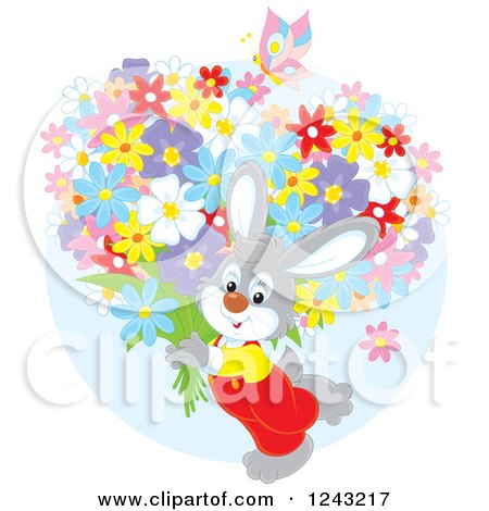 Clipart of a Happy Gray Bunny Rabit Carrying Flowers - Royalty Free Vector Illustration by Alex Bannykh