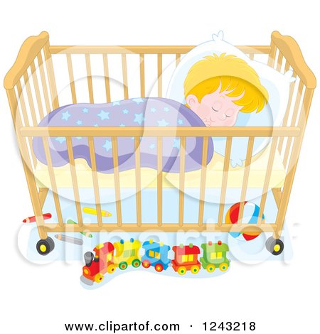 Clipart of a Blond Caucasian Toddler Boy Sleeping in a Crib - Royalty Free Vector Illustration by Alex Bannykh