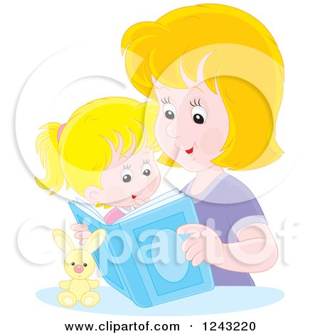 Clipart of a Happy Caucasian Mother Reading a Story Book to Her Daughter - Royalty Free Vector Illustration by Alex Bannykh
