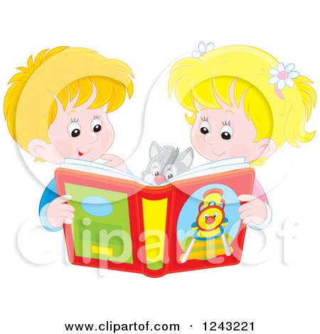Clipart of a Happy Caucasian Boy and Girl Reading a Story Book to Their Cat - Royalty Free Vector Illustration by Alex Bannykh