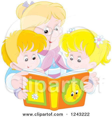Clipart of a Happy Caucasian Granny Reading a Story Book to Her Grandchildren - Royalty Free Vector Illustration by Alex Bannykh