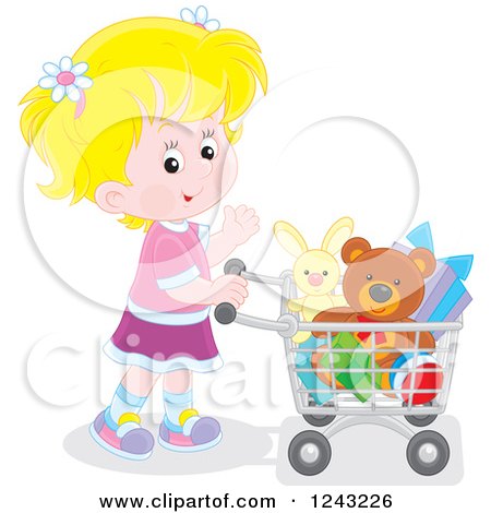 Clipart of a Blond Caucasian Girl Pushing a Shopping Cart Full of Toys - Royalty Free Vector Illustration by Alex Bannykh