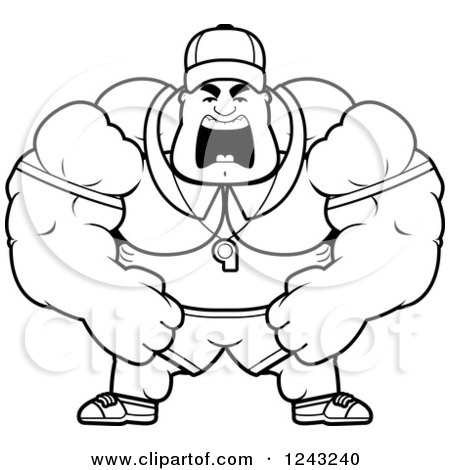Clipart of a Black and White Brute Muscular Male Sports Coach Yelling - Royalty Free Vector Illustration by Cory Thoman