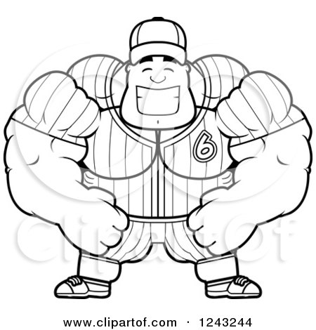 Clipart of a Black and White Brute Muscular Baseball Player Man Grinning - Royalty Free Vector Illustration by Cory Thoman
