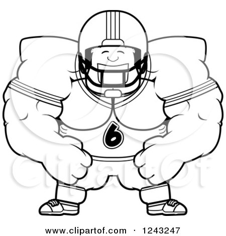 Clipart of a Black and White Brute Muscular Football Player Man Grinning - Royalty Free Vector Illustration by Cory Thoman