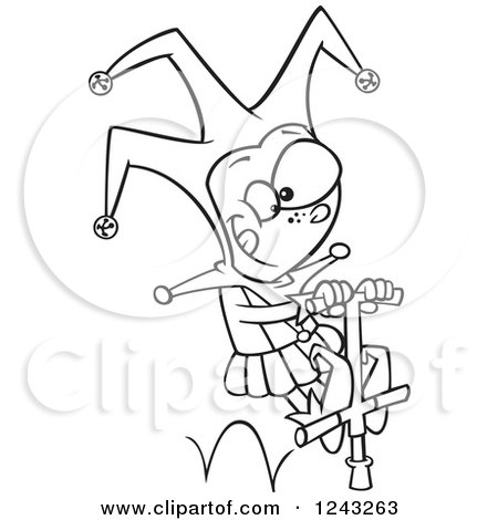 Clipart of a Black and White Cartoon Boy Joker on a Pogo Stick - Royalty Free Vector Illustration by toonaday