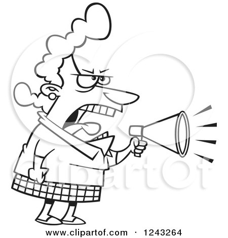 Clipart of a Black and White Cartoon Woman Boss Mother or Wife Screaming Through a Megaphone - Royalty Free Vector Illustration by toonaday