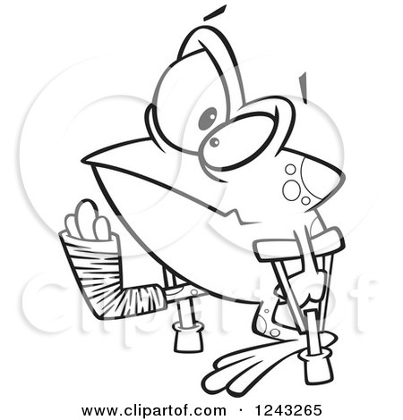 Clipart of a Black and White Cartoon Lame Injured Frog with Crutches - Royalty Free Vector Illustration by toonaday