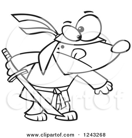 Clipart of a Black and White Cartoon Ninja Dog Holding a Sword - Royalty Free Vector Illustration by toonaday