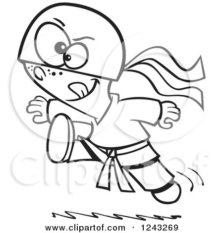 Clipart of a Black and White Cartoon Boy Ninja Jumping and Kicking - Royalty Free Vector Illustration by toonaday