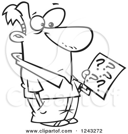 Clipart of a Black and White Cartoon Man Holding a Questionaire - Royalty Free Vector Illustration by toonaday