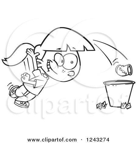 Clipart of a Black and White Cartoon Girl Tossing Garbage in the Trash - Royalty Free Vector Illustration by toonaday