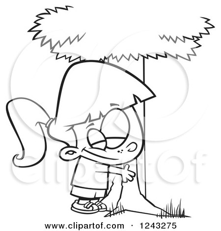 Clipart of a Black and White Cartoon Girl Hugging a Tree - Royalty Free Vector Illustration by toonaday