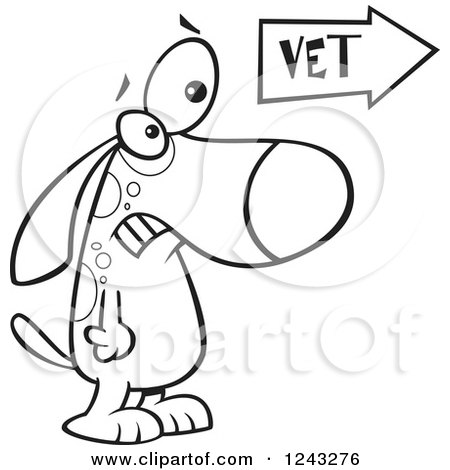 Clipart of a Black and White Cartoon Scared Dog at the Vets Office - Royalty Free Vector Illustration by toonaday