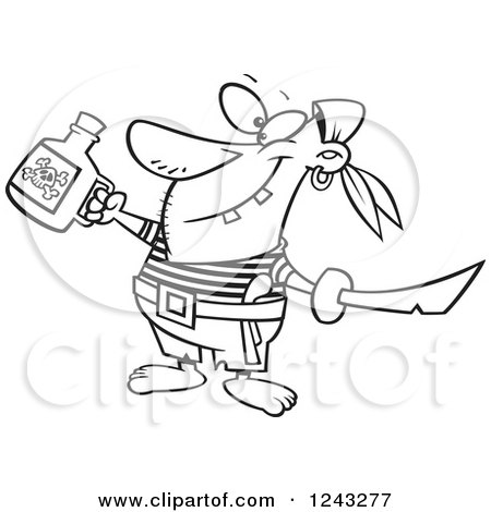 Clipart of a Black and White Cartoon Celebrating Pirate with Poison and a Sword - Royalty Free Vector Illustration by toonaday