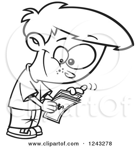 Clipart of a Black and White Cartoon Boy Counting His Allowance Money - Royalty Free Vector Illustration by toonaday