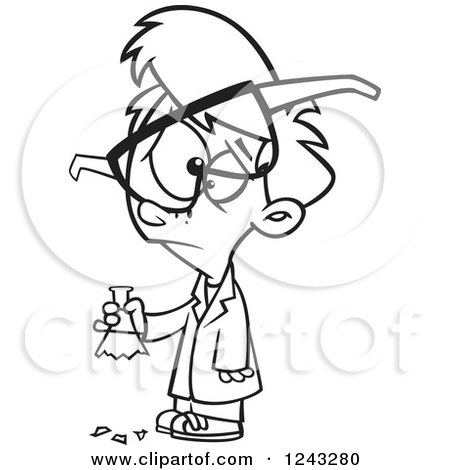Clipart of a Black and White Cartoon Boy Scientist with an Experiment Gone Bad - Royalty Free Vector Illustration by toonaday